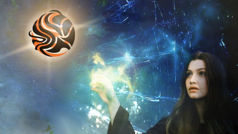 a woman in a mystical, celestial setting with sparkling light