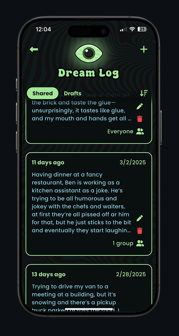 Smartphone displaying the 'Dream Log' app with multiple entries under 'Shared' tab.